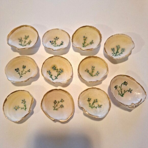 Handmade Other - Hand Painted Scallop Shell Dishes Blue Floral Salt Trinket Vintage Set Of 11